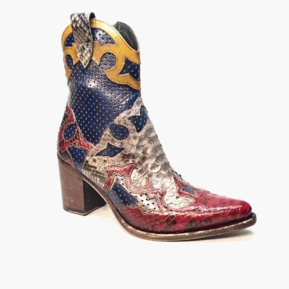 Multicolor Western Leather Heeled Boot - Red, Blue & Yellow